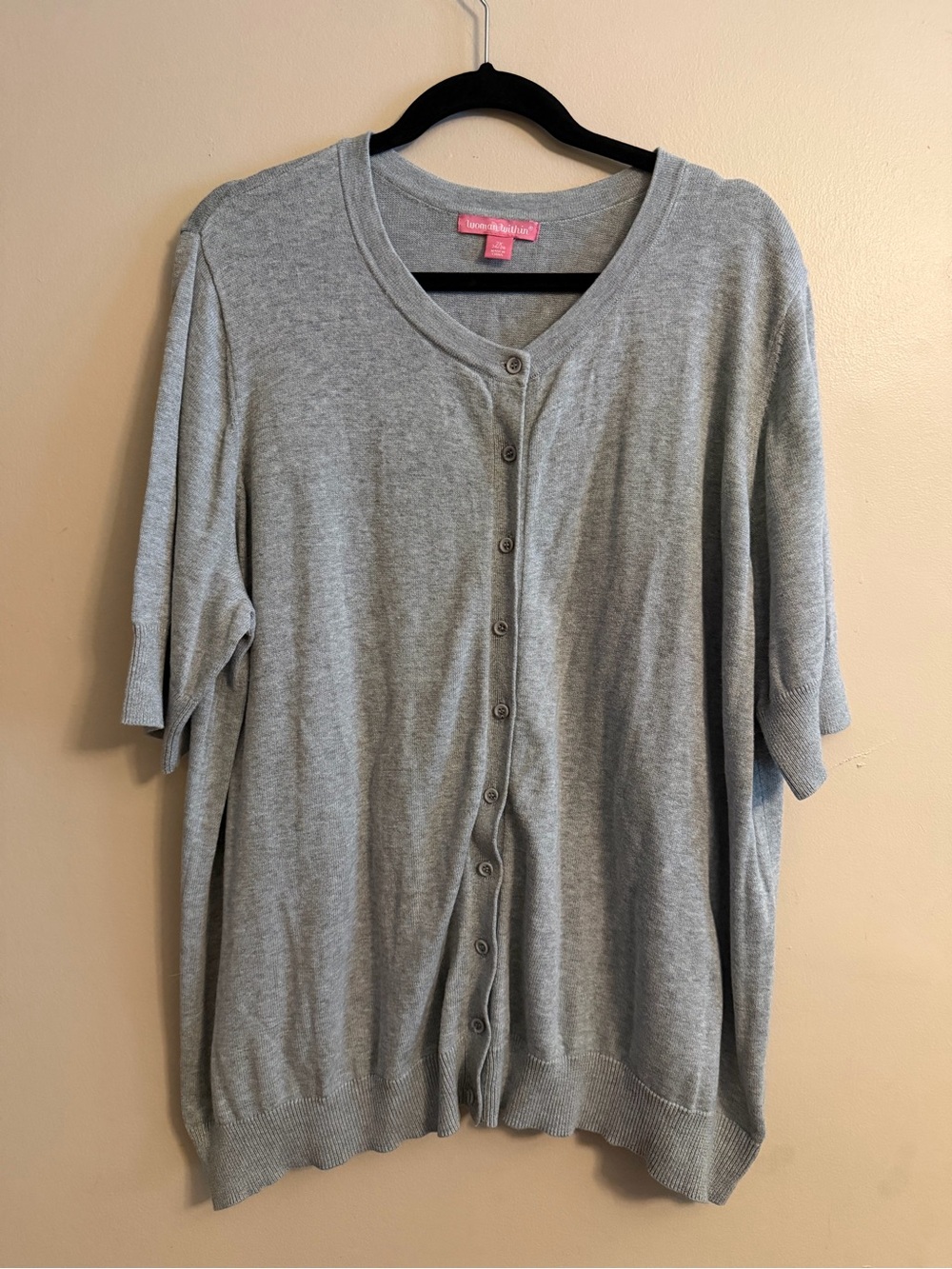 Woman Within Gray Knit Button-Up Cardigan with Pink Label